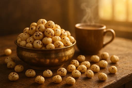 Makhana foxnuts served alongside hot Indian spiced chai